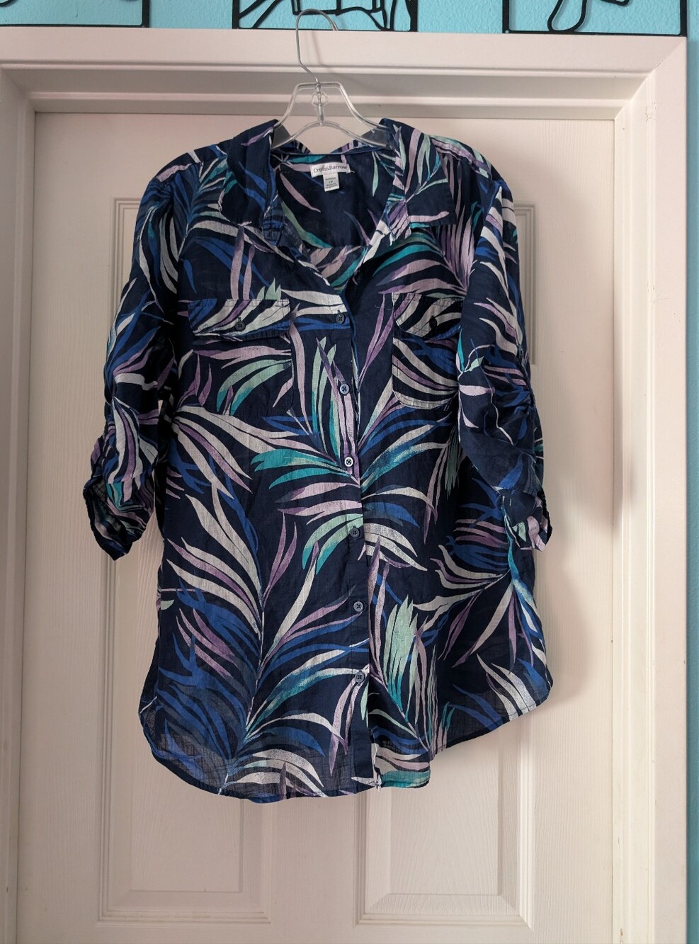 1x croft & barrow - Navy Button-Down Shirt with Teal & Lilac Leaf Print